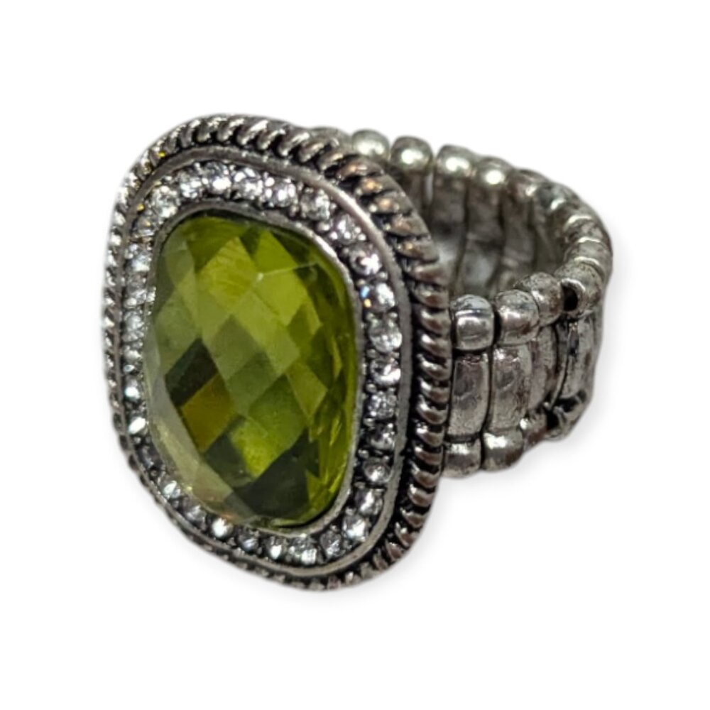 Women's Ring w/ Light Green Stone & Silver Tone Stretch Band One Size Fits Most